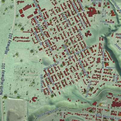 Close-up of the map of Shelton, Washington print showing street and building detail