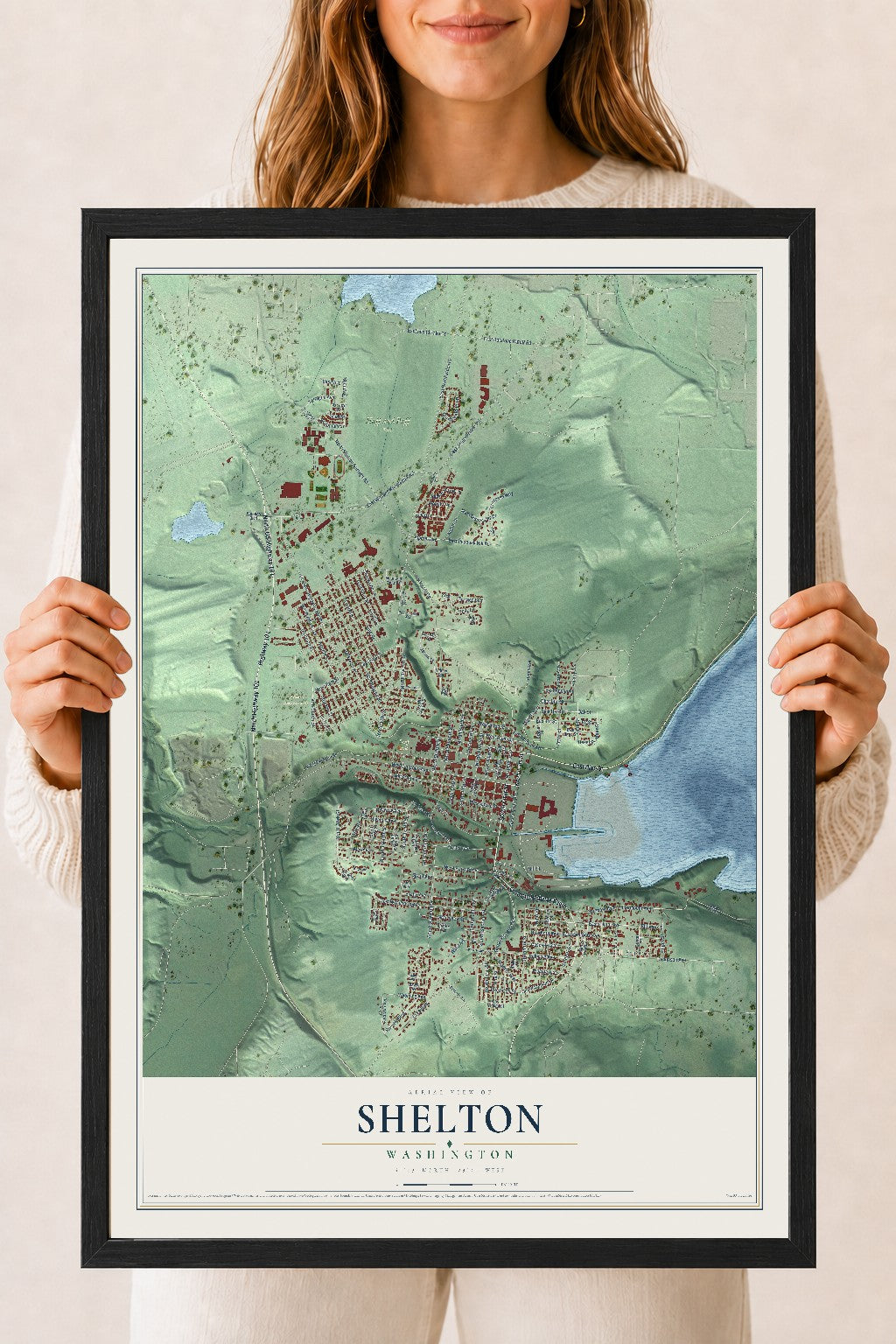 Map of Shelton, Washington, 18 x 24 inch print in a black wood frame