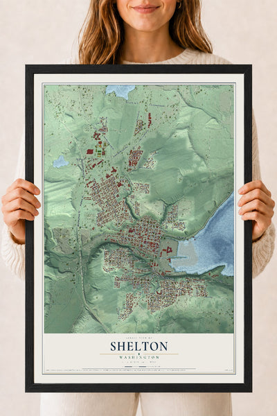 Map of Shelton, Washington, 18 x 24 inch print in a black wood frame