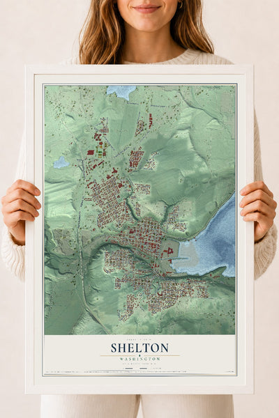 Map of Shelton, Washington, 18 x 24 inch print in a white wood frame