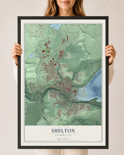 Map of Shelton, Washington, 24 x 36 inch print in a black wood frame