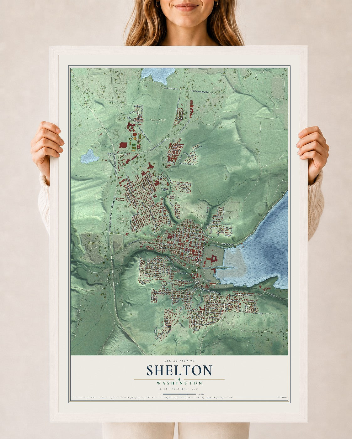 Map of Shelton, Washington, 24 x 36 inch print in a white wood frame