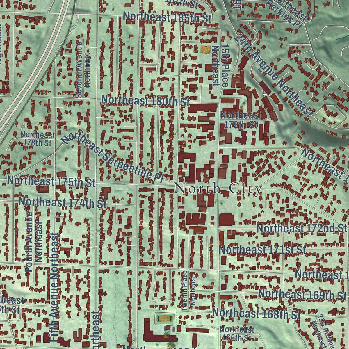 Second close-up of the map of Shoreline, Washington print showing more streets and buildings