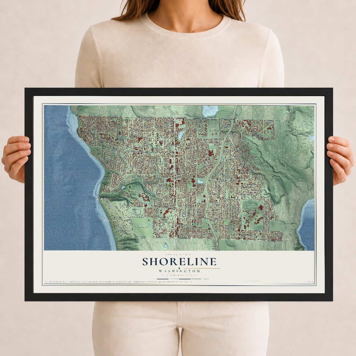 Map of Shoreline, Washington, 12 x 18 inch print in a black wood frame