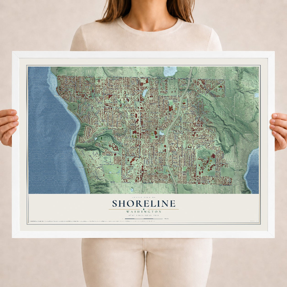 Map of Shoreline, Washington, 18 x 24 inch print in a white wood frame
