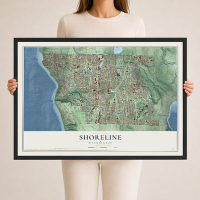 Map of Shoreline, Washington, 24 x 36 inch print in a black wood frame