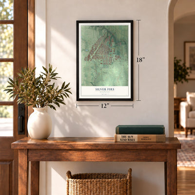 Silver Firs, Washington map, 12 x 18 inch print in a black frame in an entryway