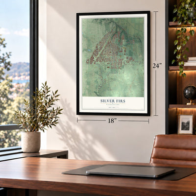Silver Firs, Washington map, 18 x 24 inch print in a black frame in a home office
