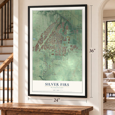 Silver Firs, Washington map, 24 x 36 inch print in a black frame by a staircase