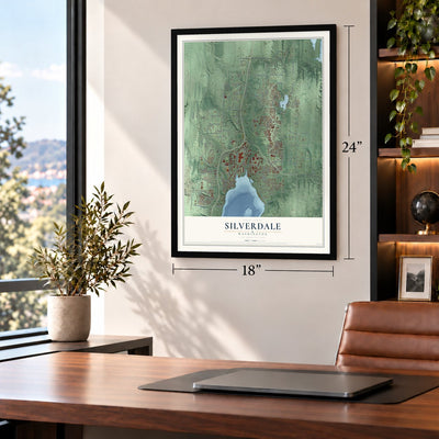 Silverdale, Washington map, 18 x 24 inch print in a black frame in a home office
