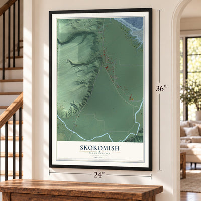 Skokomish, Washington map, 24 x 36 inch print in a black frame by a staircase