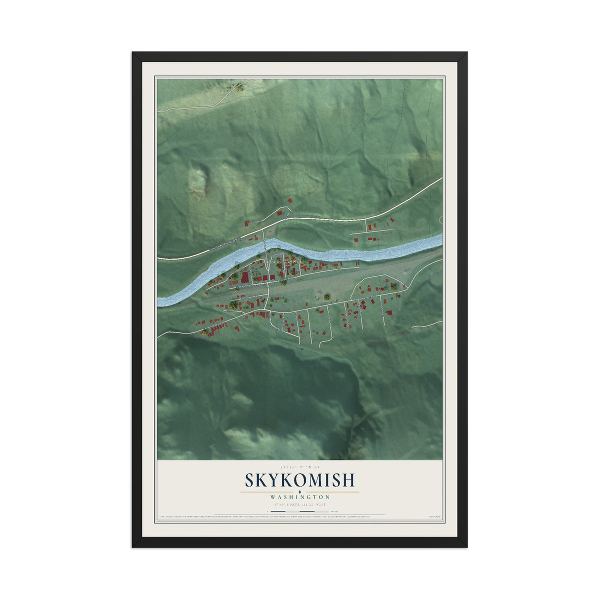 Map of Skykomish, Washington, 12 x 18 inch print in a black wood frame