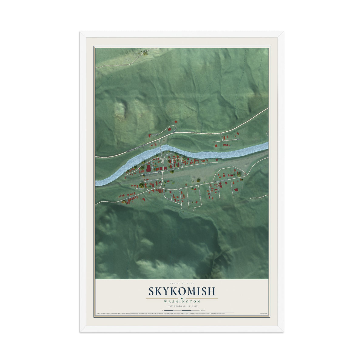 Map of Skykomish, Washington, 12 x 18 inch print in a white wood frame