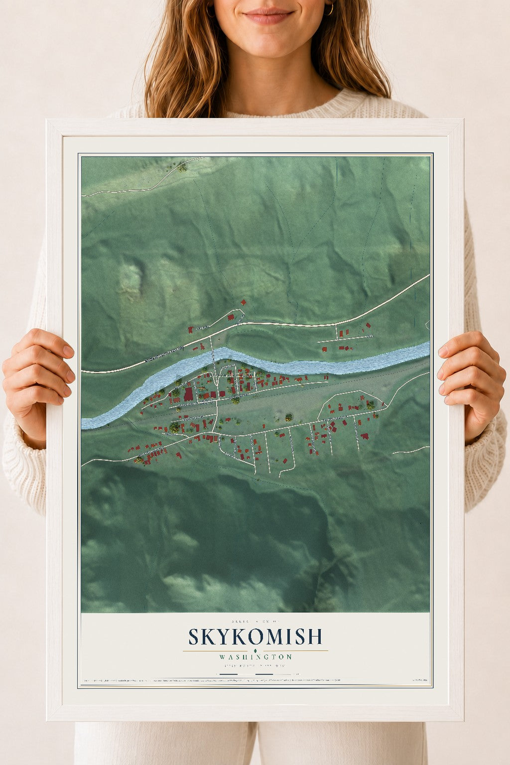 Map of Skykomish, Washington, 18 x 24 inch print in a white wood frame