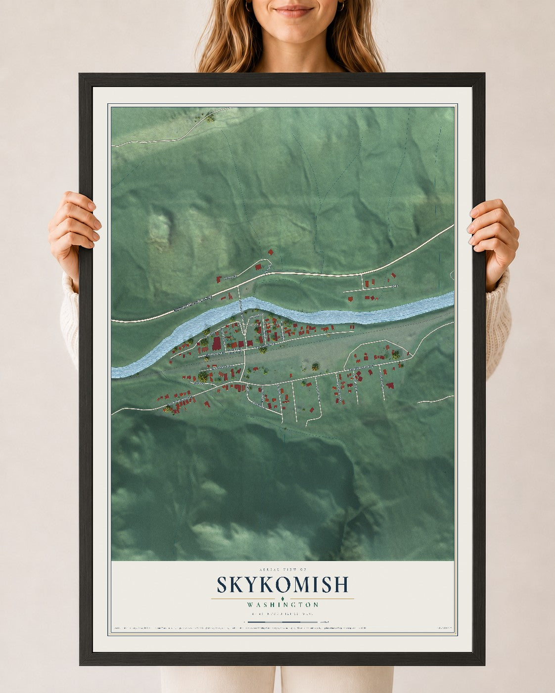 Map of Skykomish, Washington, 24 x 36 inch print in a black wood frame