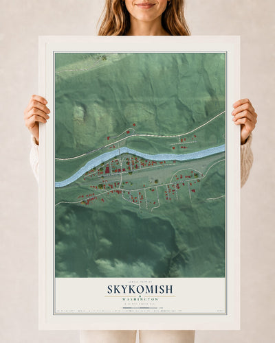 Map of Skykomish, Washington, 24 x 36 inch print in a white wood frame