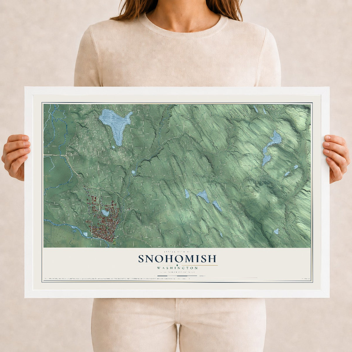 Map of Snohomish, Washington, 12 x 18 inch print in a white wood frame