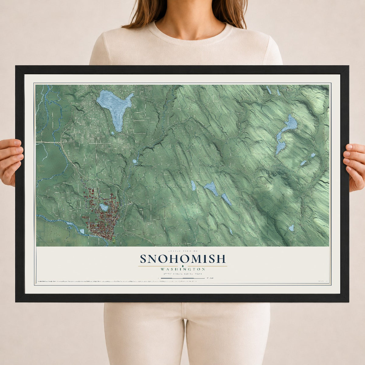 Map of Snohomish, Washington, 18 x 24 inch print in a black wood frame
