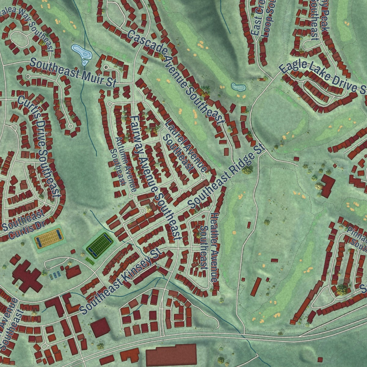 Close-up of the map of Snoqualmie, Washington print showing street and building detail