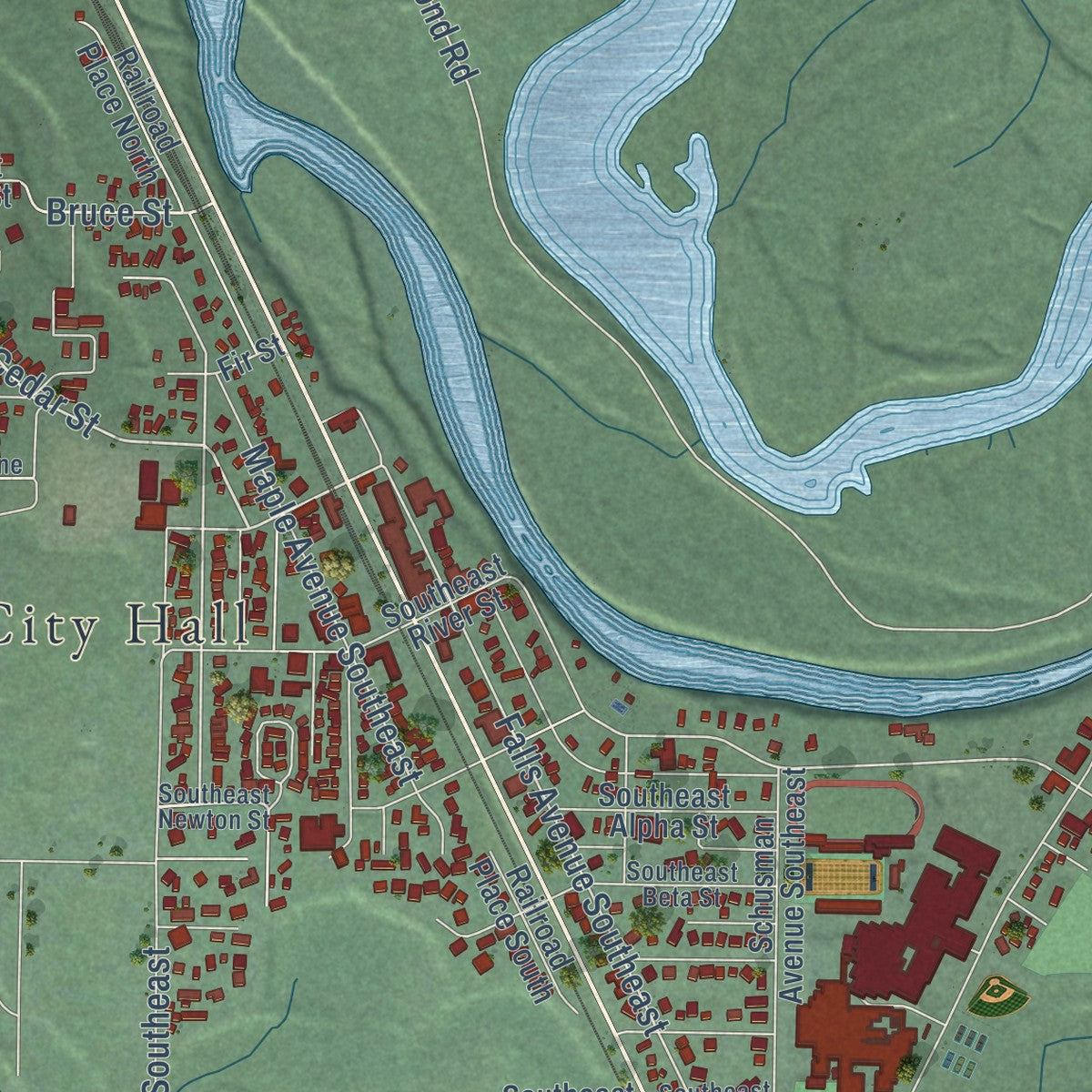 Second close-up of the map of Snoqualmie, Washington print showing more streets and buildings