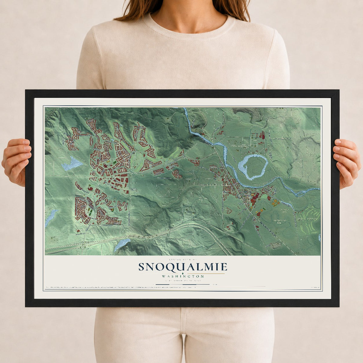 Map of Snoqualmie, Washington, 12 x 18 inch print in a black wood frame