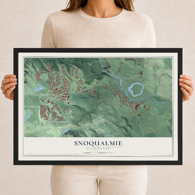 Map of Snoqualmie, Washington, 12 x 18 inch print in a black wood frame