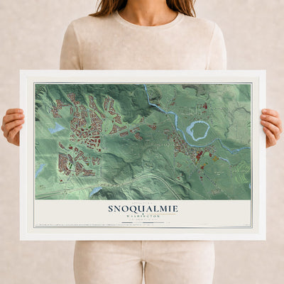 Map of Snoqualmie, Washington, 12 x 18 inch print in a white wood frame
