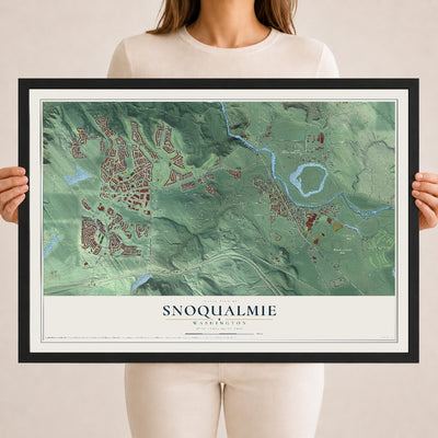 Map of Snoqualmie, Washington, 18 x 24 inch print in a black wood frame