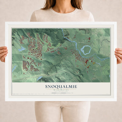 Map of Snoqualmie, Washington, 18 x 24 inch print in a white wood frame