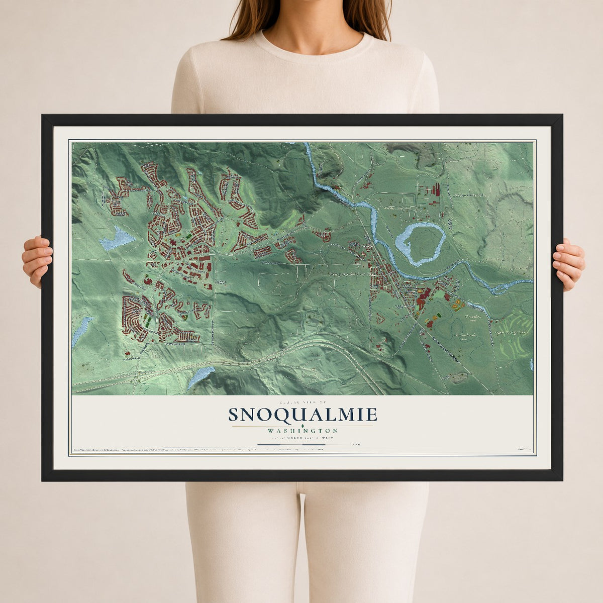 Map of Snoqualmie, Washington, 24 x 36 inch print in a black wood frame