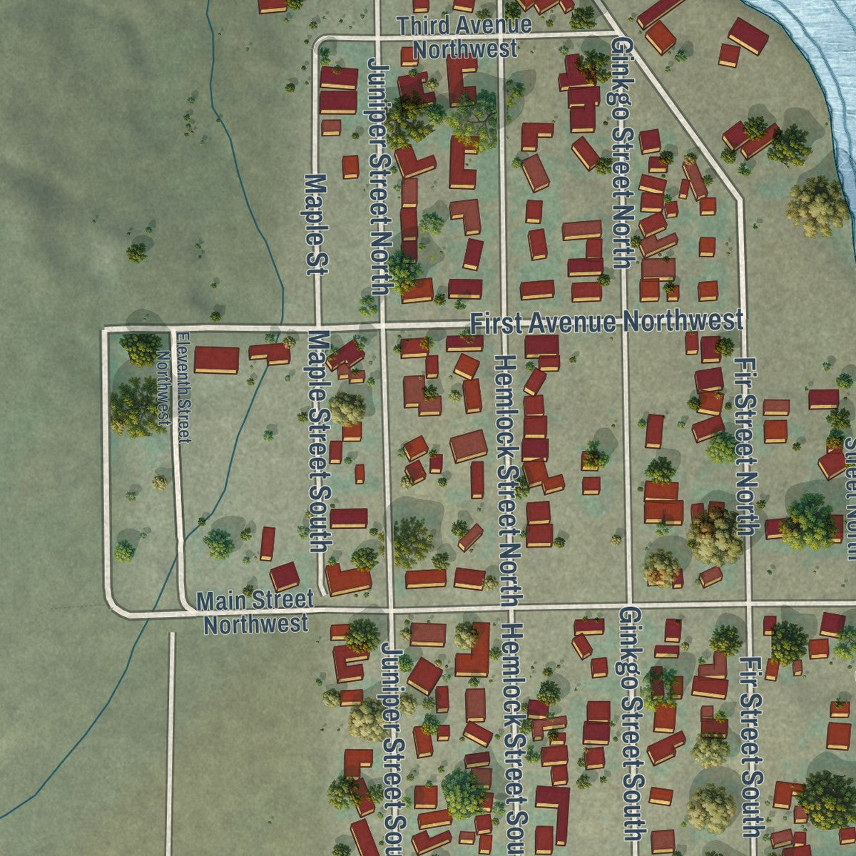 Second close-up of the map of Soap Lake, Washington print showing more streets and buildings
