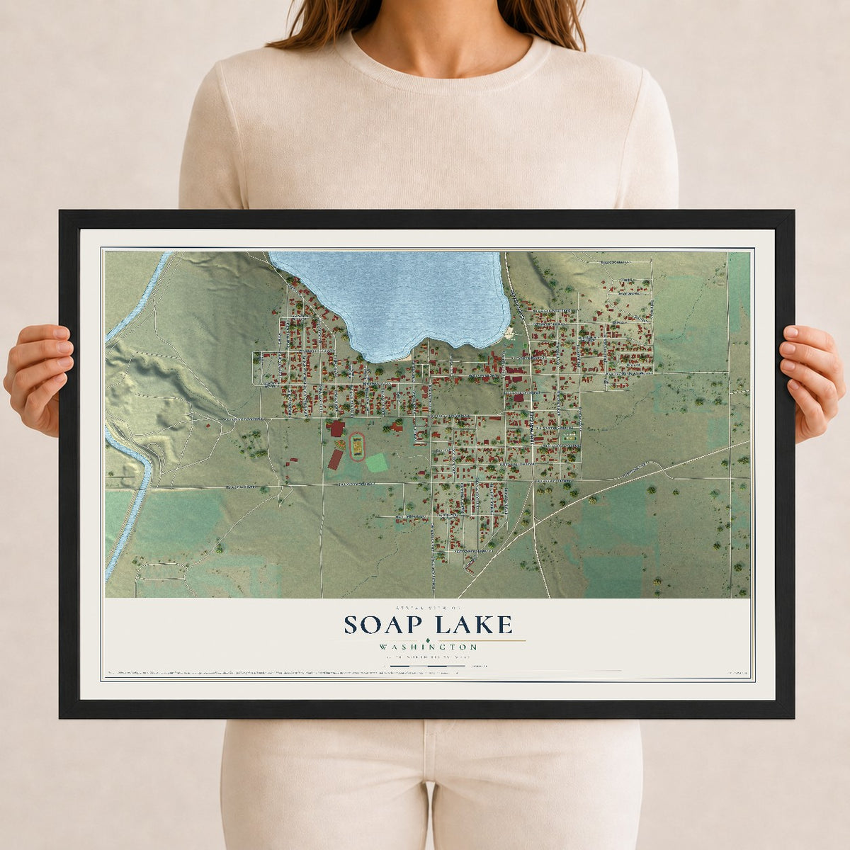 Map of Soap Lake, Washington, 12 x 18 inch print in a black wood frame