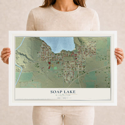 Map of Soap Lake, Washington, 12 x 18 inch print in a white wood frame
