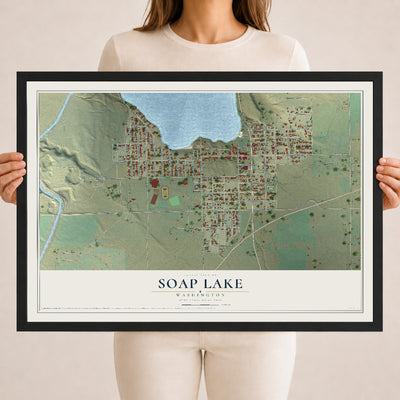 Map of Soap Lake, Washington, 18 x 24 inch print in a black wood frame