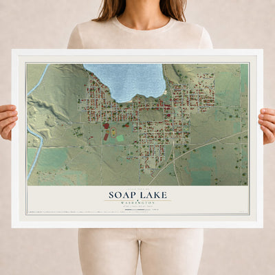 Map of Soap Lake, Washington, 18 x 24 inch print in a white wood frame