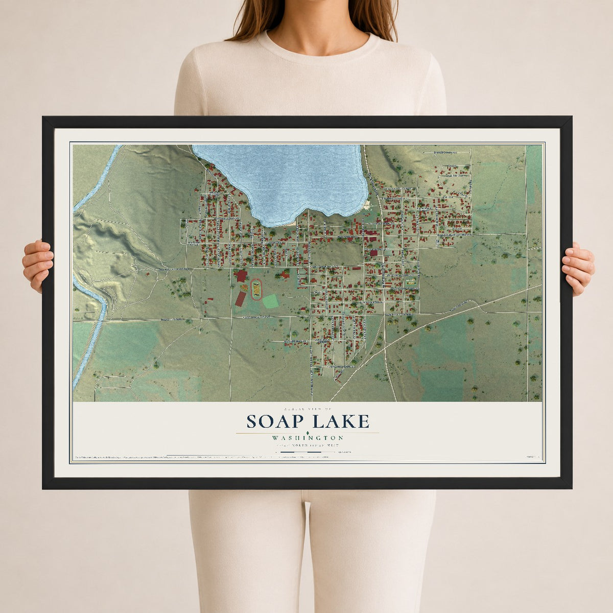 Map of Soap Lake, Washington, 24 x 36 inch print in a black wood frame