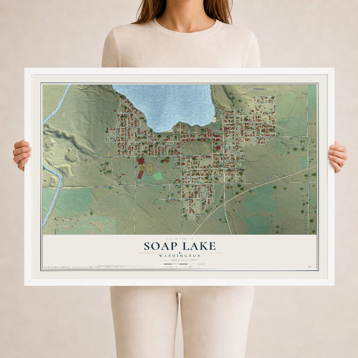 Map of Soap Lake, Washington, 24 x 36 inch print in a white wood frame