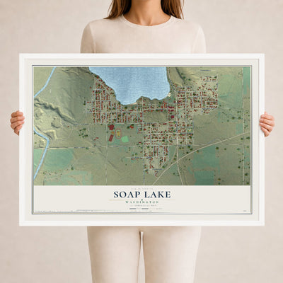 Map of Soap Lake, Washington, 24 x 36 inch print in a white wood frame