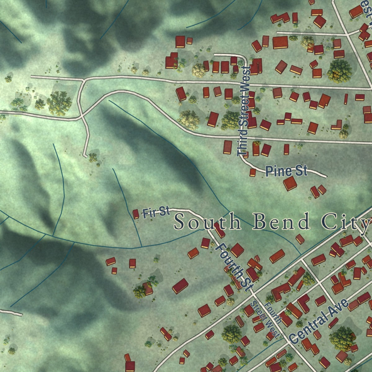 Second close-up of the map of South Bend, Washington print showing more streets and buildings