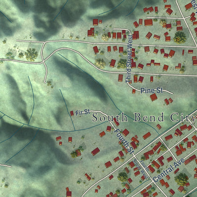 Second close-up of the map of South Bend, Washington print showing more streets and buildings