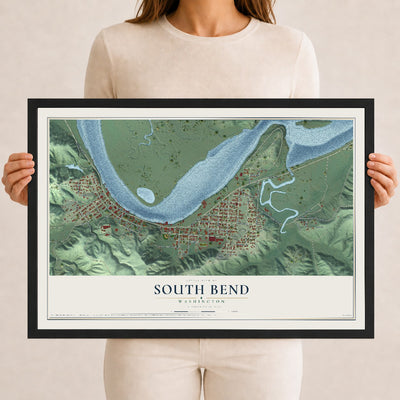 Map of South Bend, Washington, 12 x 18 inch print in a black wood frame