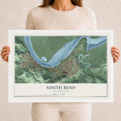 Map of South Bend, Washington, 12 x 18 inch print in a white wood frame