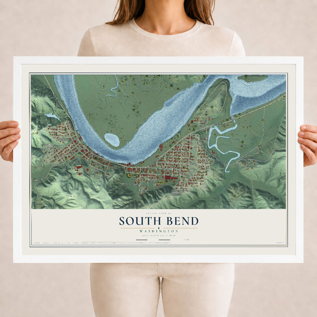 Map of South Bend, Washington, 18 x 24 inch print in a white wood frame