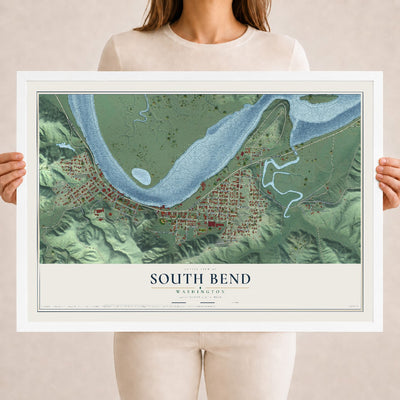 Map of South Bend, Washington, 18 x 24 inch print in a white wood frame