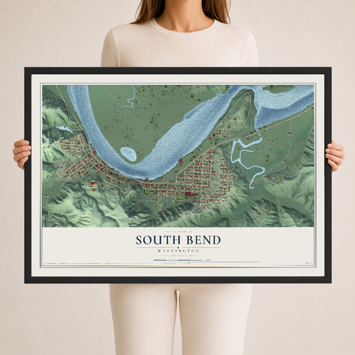 Map of South Bend, Washington, 24 x 36 inch print in a black wood frame