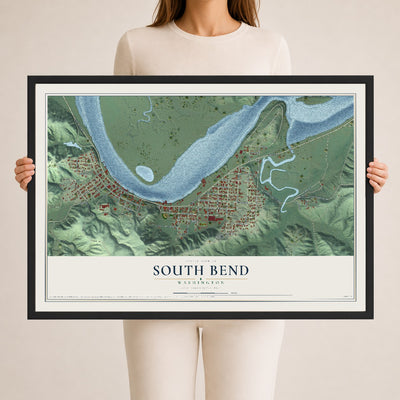 Map of South Bend, Washington, 24 x 36 inch print in a black wood frame