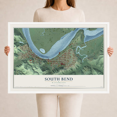 Map of South Bend, Washington, 24 x 36 inch print in a white wood frame
