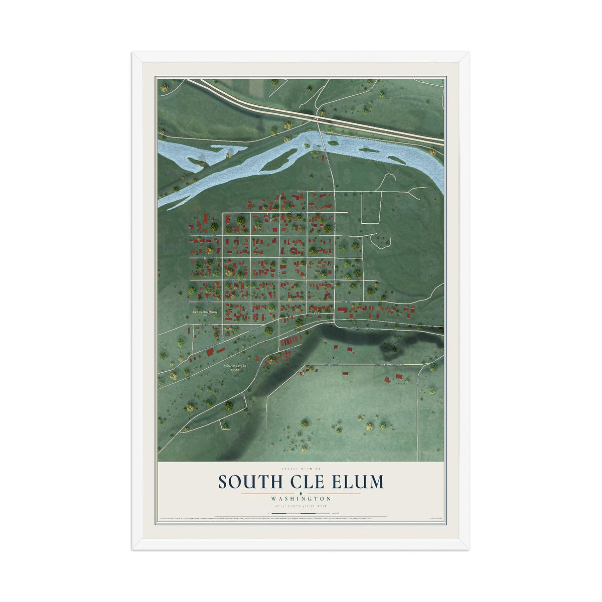 Map of South Cle Elum, Washington, 12 x 18 inch print in a white wood frame