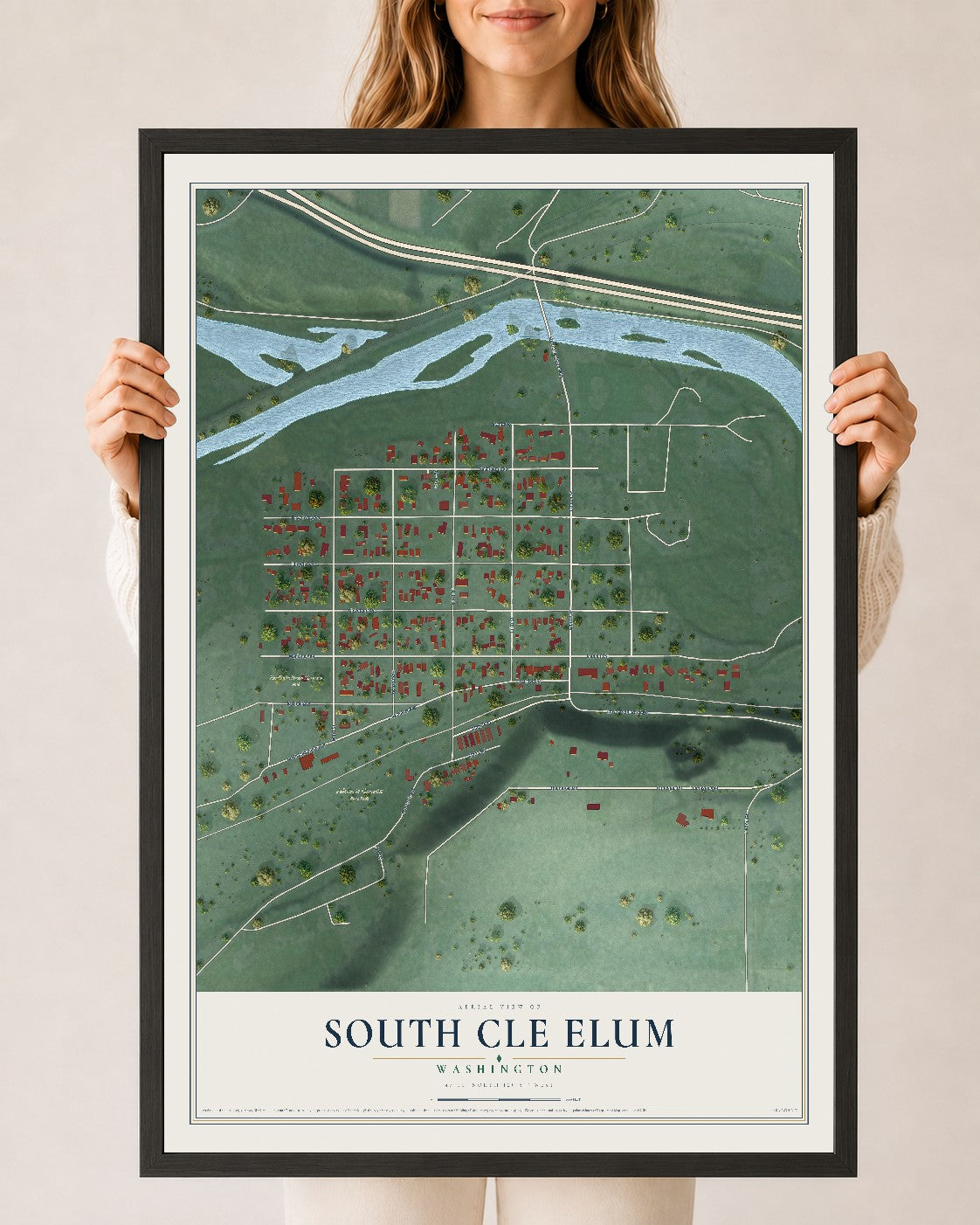 Map of South Cle Elum, Washington, 24 x 36 inch print in a black wood frame