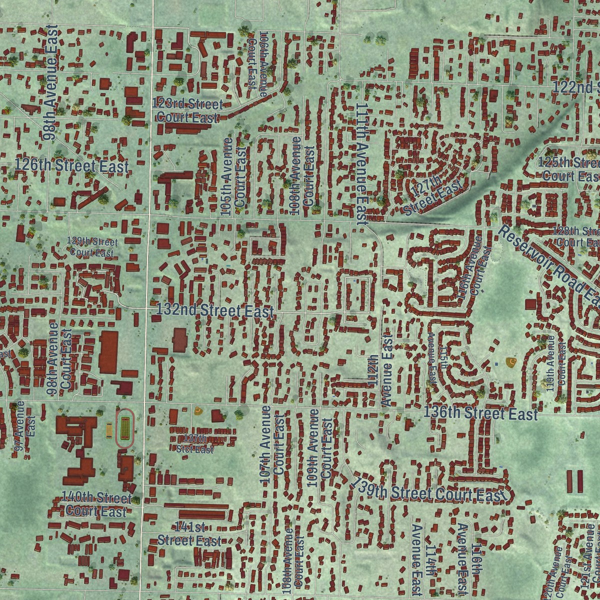 Close-up of the map of South Hill, Washington print showing street and building detail